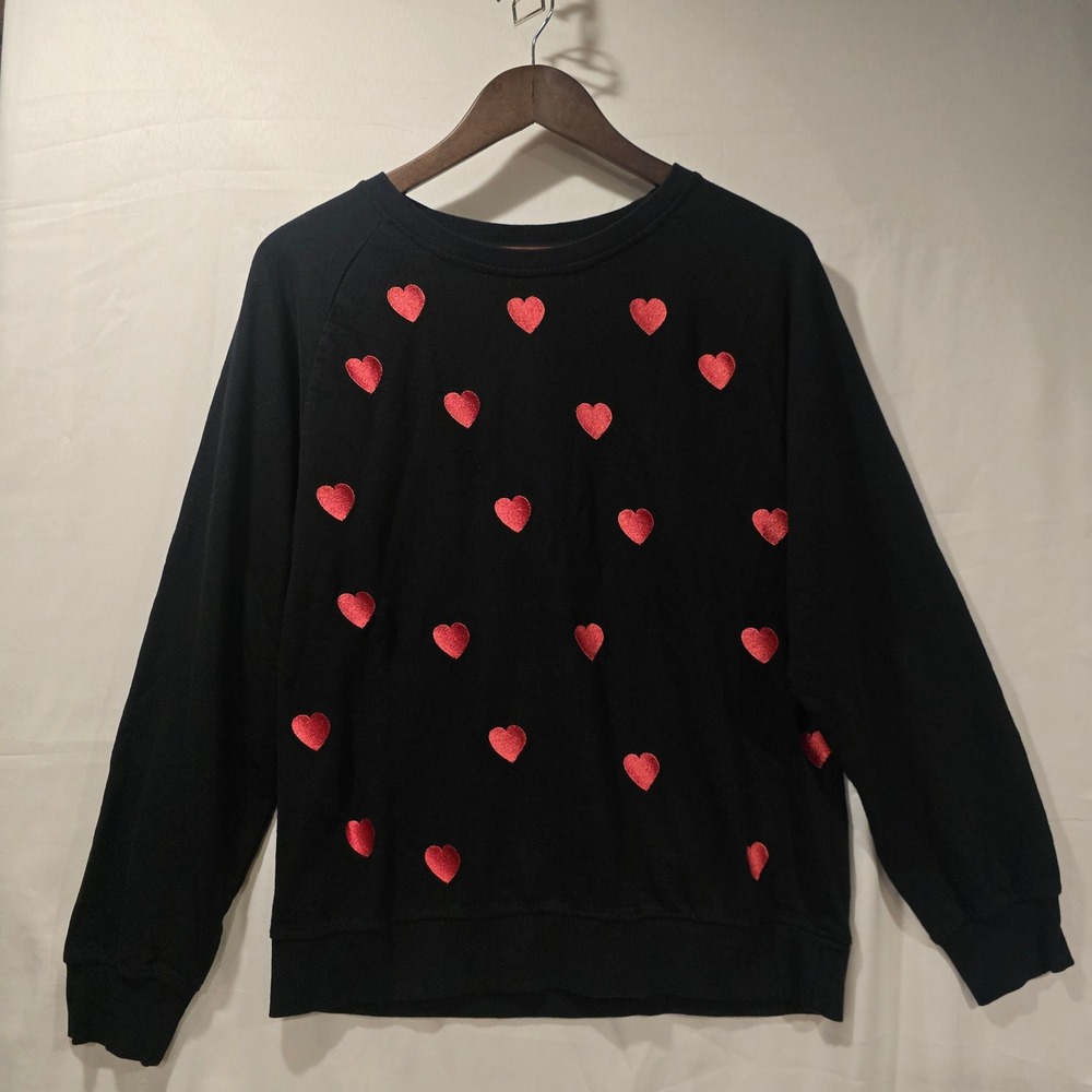 ISA & ELLA Black Embroidered Hearts Pullover Cotton Long Sleeve Size M